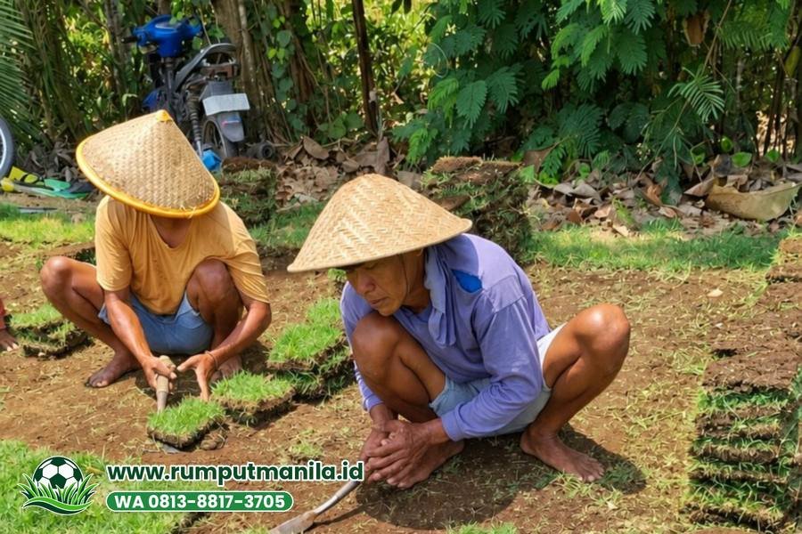 Petani memotong lembaran zoysia matrella di kebun, bahan rumput lapangan bola Kabupaten Mojokerto